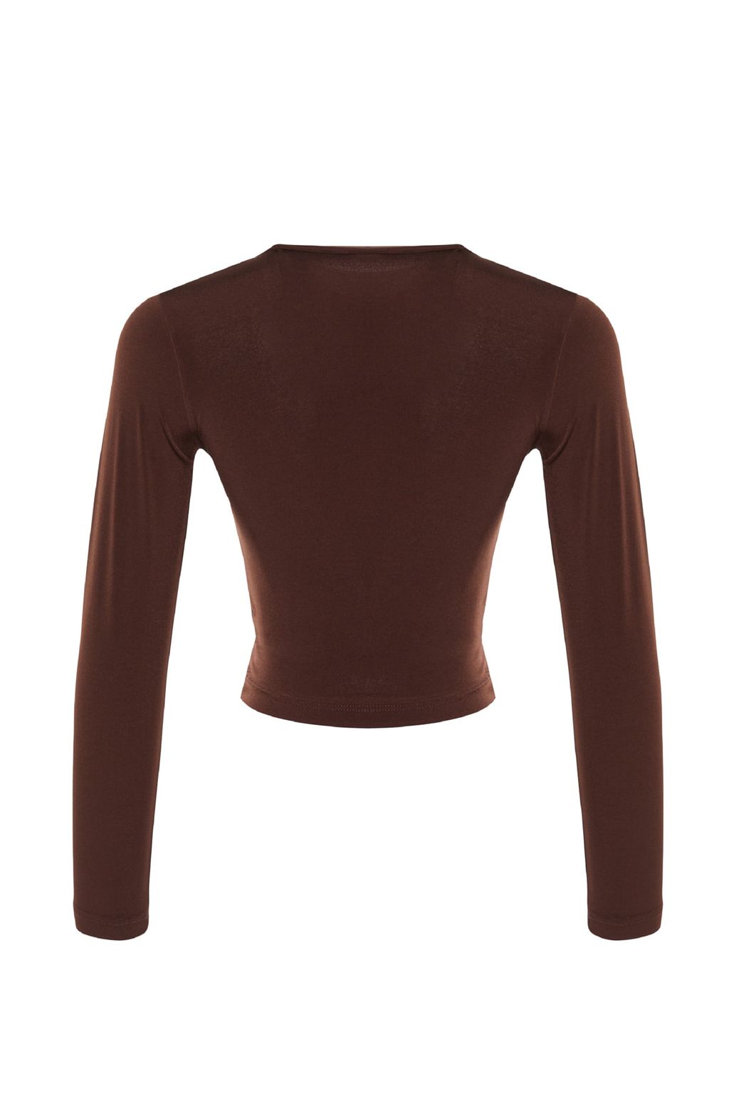 Kahverengi Dik Yaka Fitted/Vucuda Oturan Uzun Kol Buzgulu Esnek Orme Bluz TWOAW23EL01391