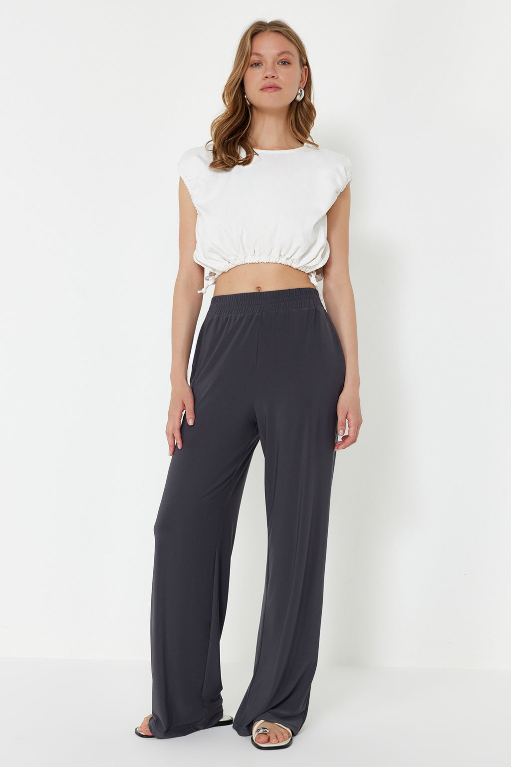 Antrasit Wide Leg/Rahat Kesim Yuksek Bel Esnek Pantolon TWOSS23PL00129