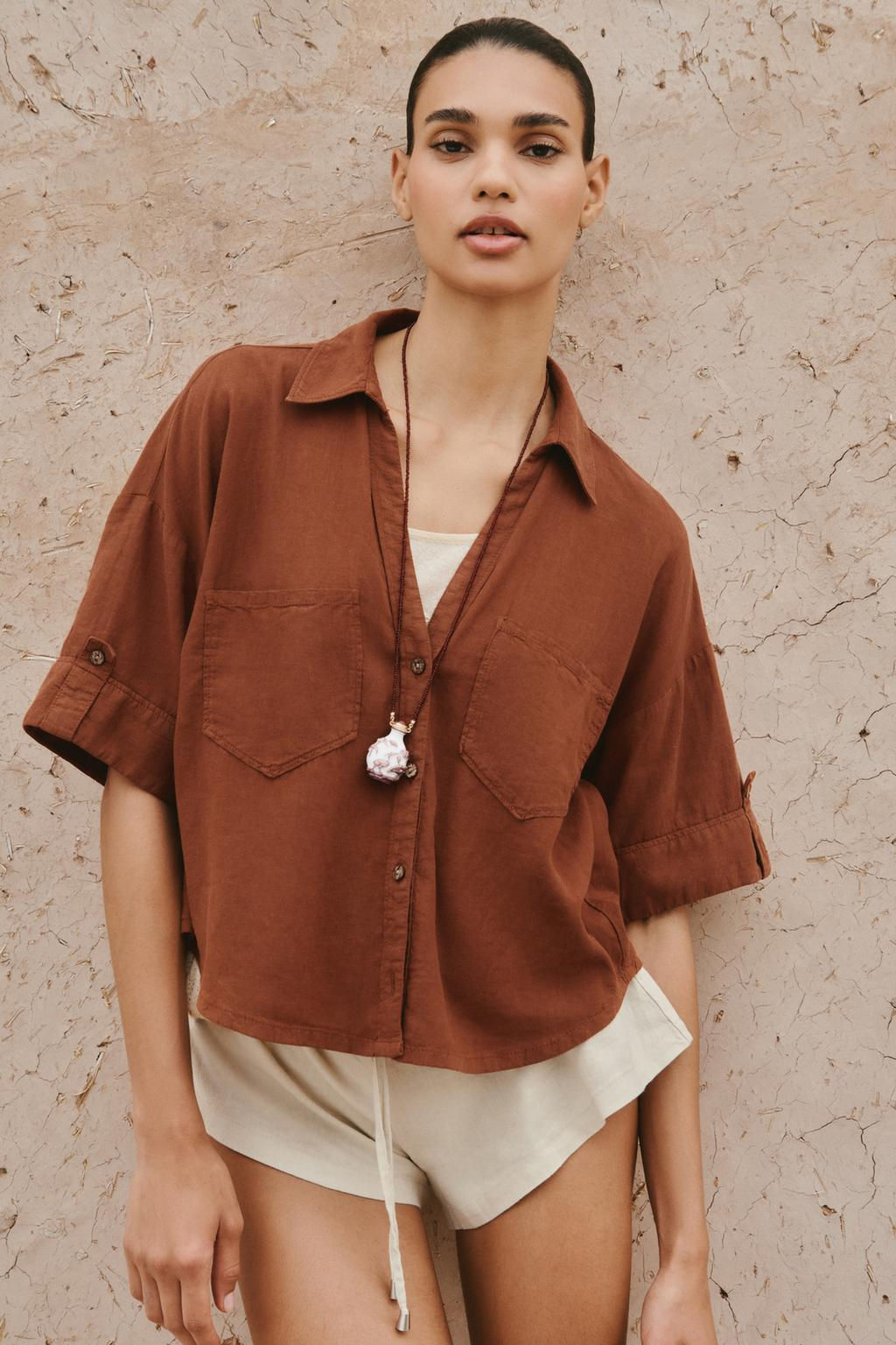 CROPPED LINEN BLEND SHIRT - Zara фото 48
