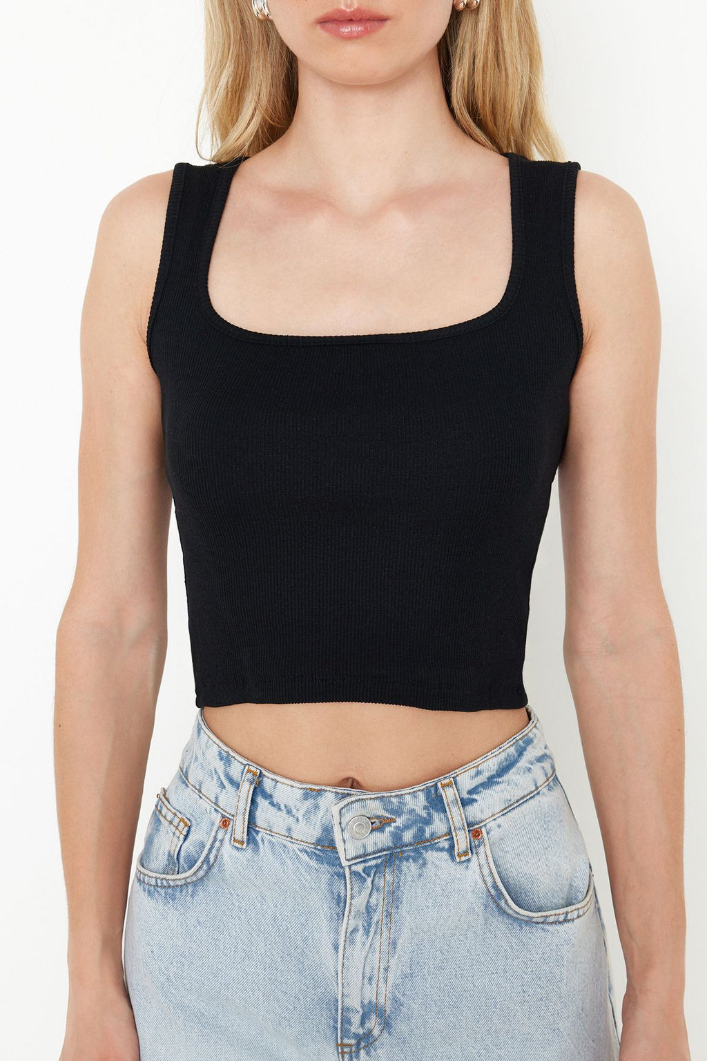 Trendyolmilla Siyah-Beyaz 2li Paket Fitted/Vucuda Oturan Fitilli Esnek Orme Bluz TWOSS24BZ00583 фото 3