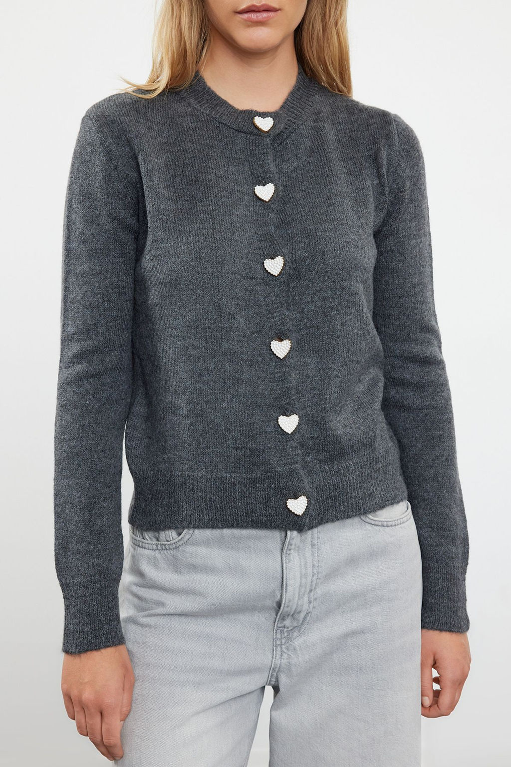 Antrasit Yumusak Dokulu Mucevher Dugmeli Ceket Gorunumlu Triko H?rka TWOAW22HI0044