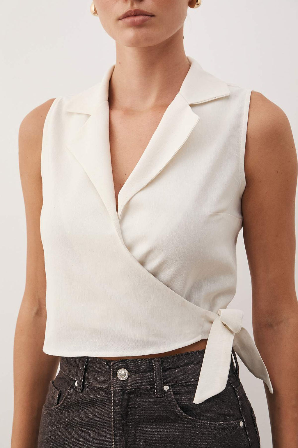 Bej Baglamal? Crop Dokuma Keten Gorunumlu Bluz TWOSS23BZ00550