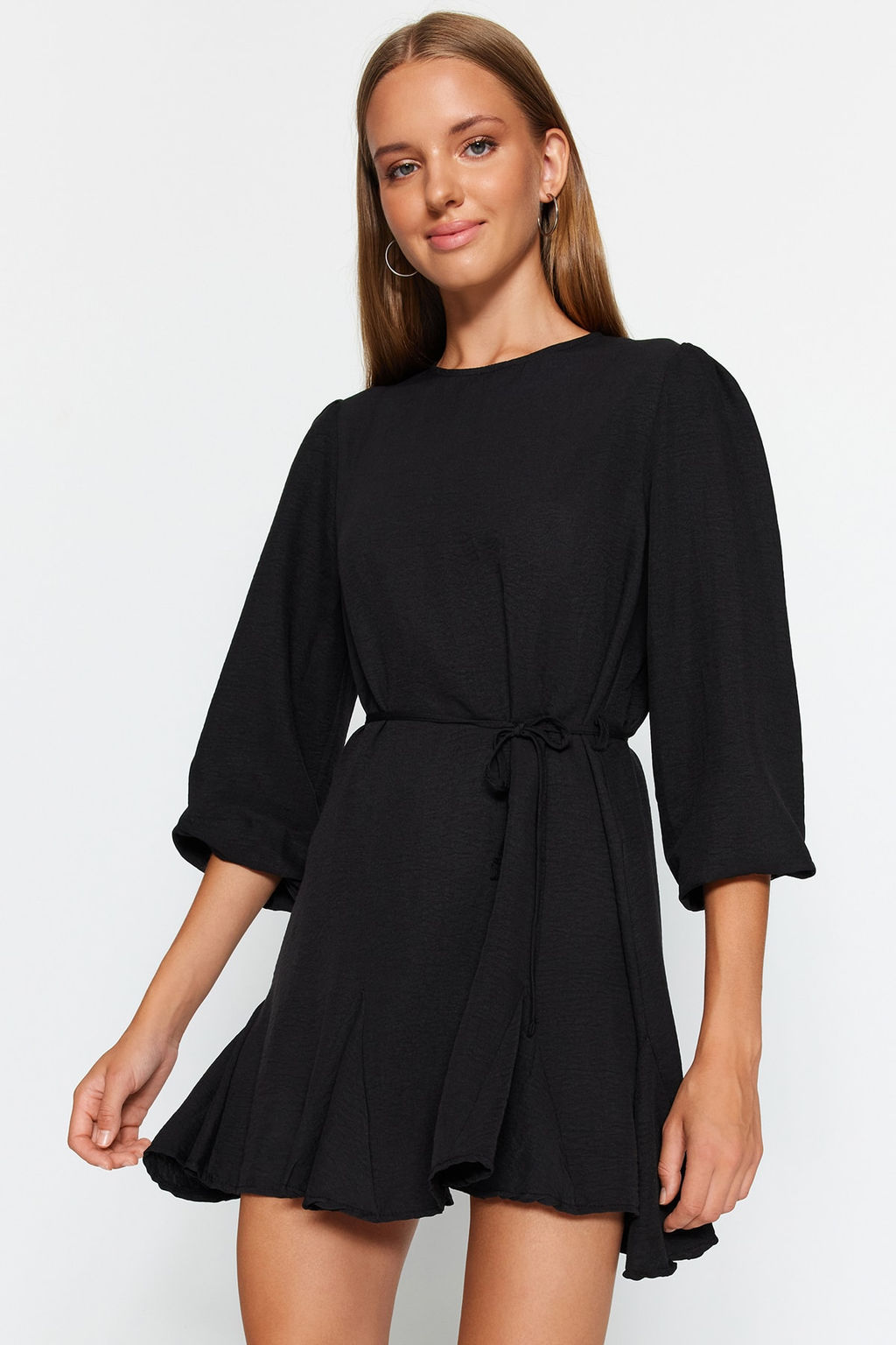 Siyah Kusakl? Duz Kesim Bisiklet Yaka Mini Dokuma Elbise TWOAW24EL00337