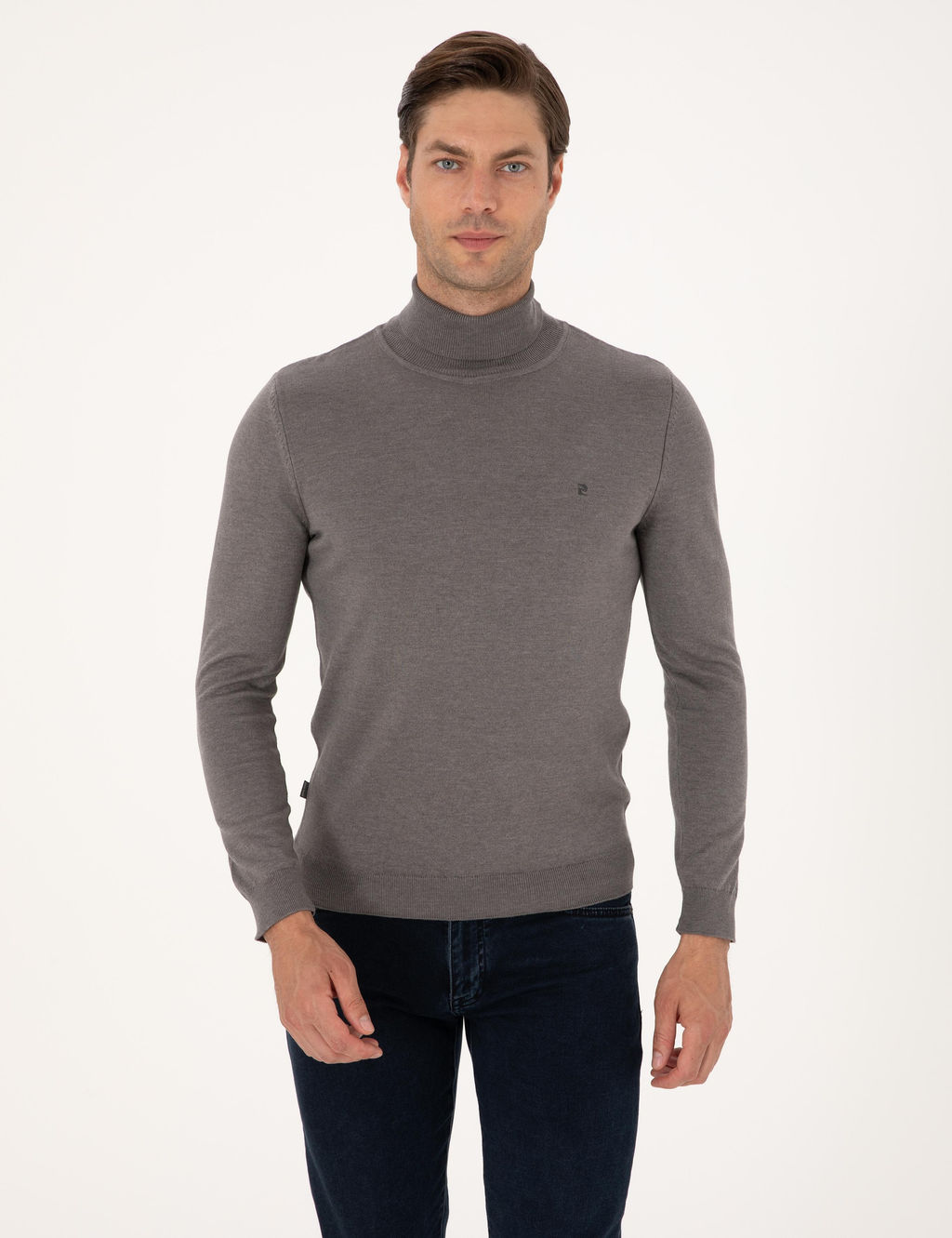 Gri Melanj Slim Fit Bal_k__ Yaka Basic Triko Kazak