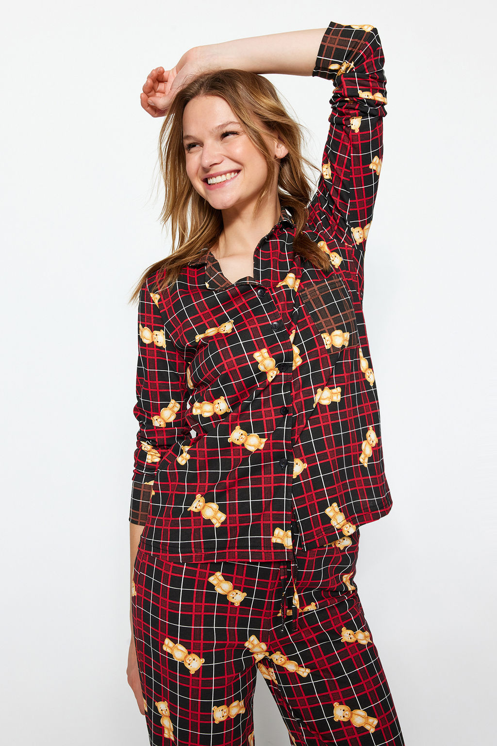 Trendyolmilla Cok Renkli %100 Pamuklu Ay?c?kl? Ekoseli Gomlek-Pantolon Orme Pijama Tak?m? THMAW24PT00104