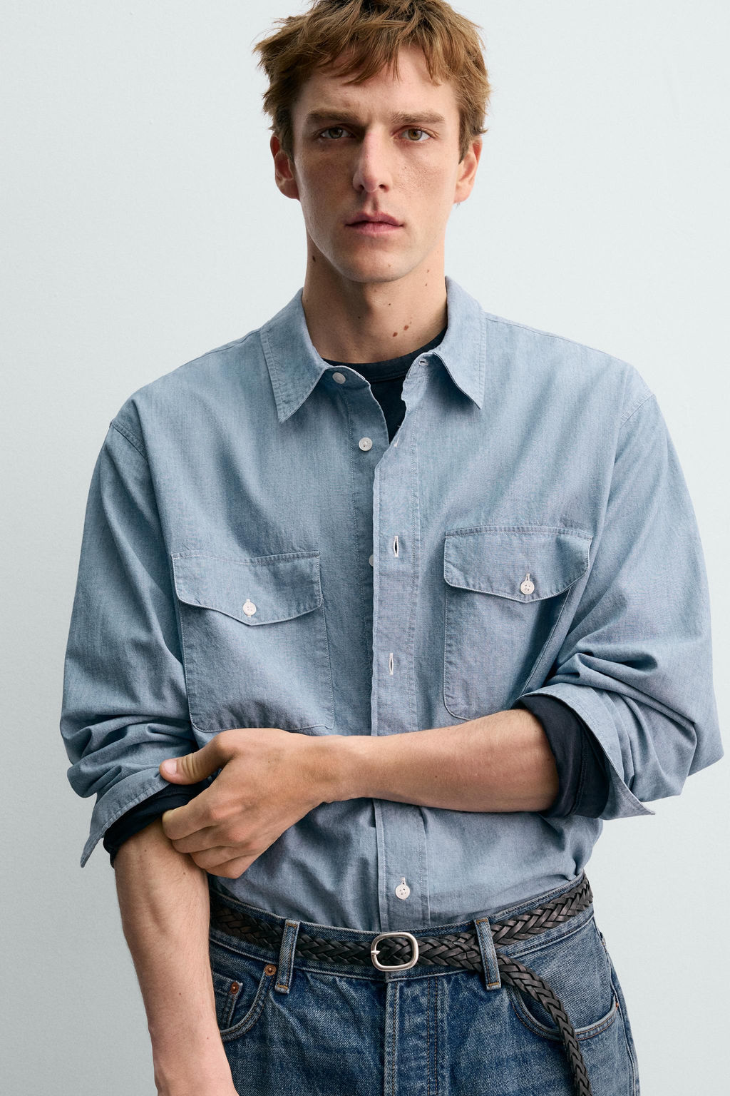 Рубашка Zara Aaron Levine x Zara CAMISA CHAMBRAY DENIM средне-синяя