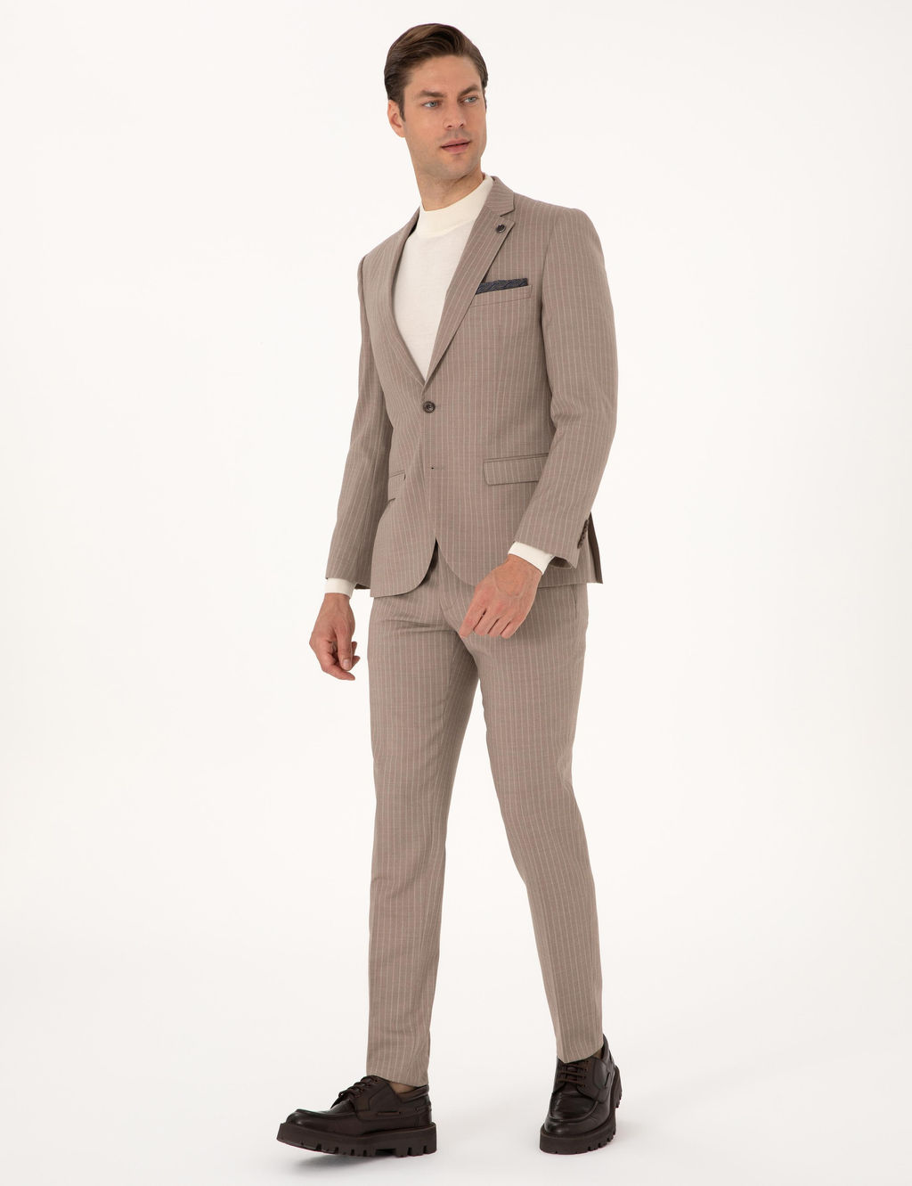 Bej Ex. Slim Fit Y_n Kar___ml_ _izgili Tak_m Elbise