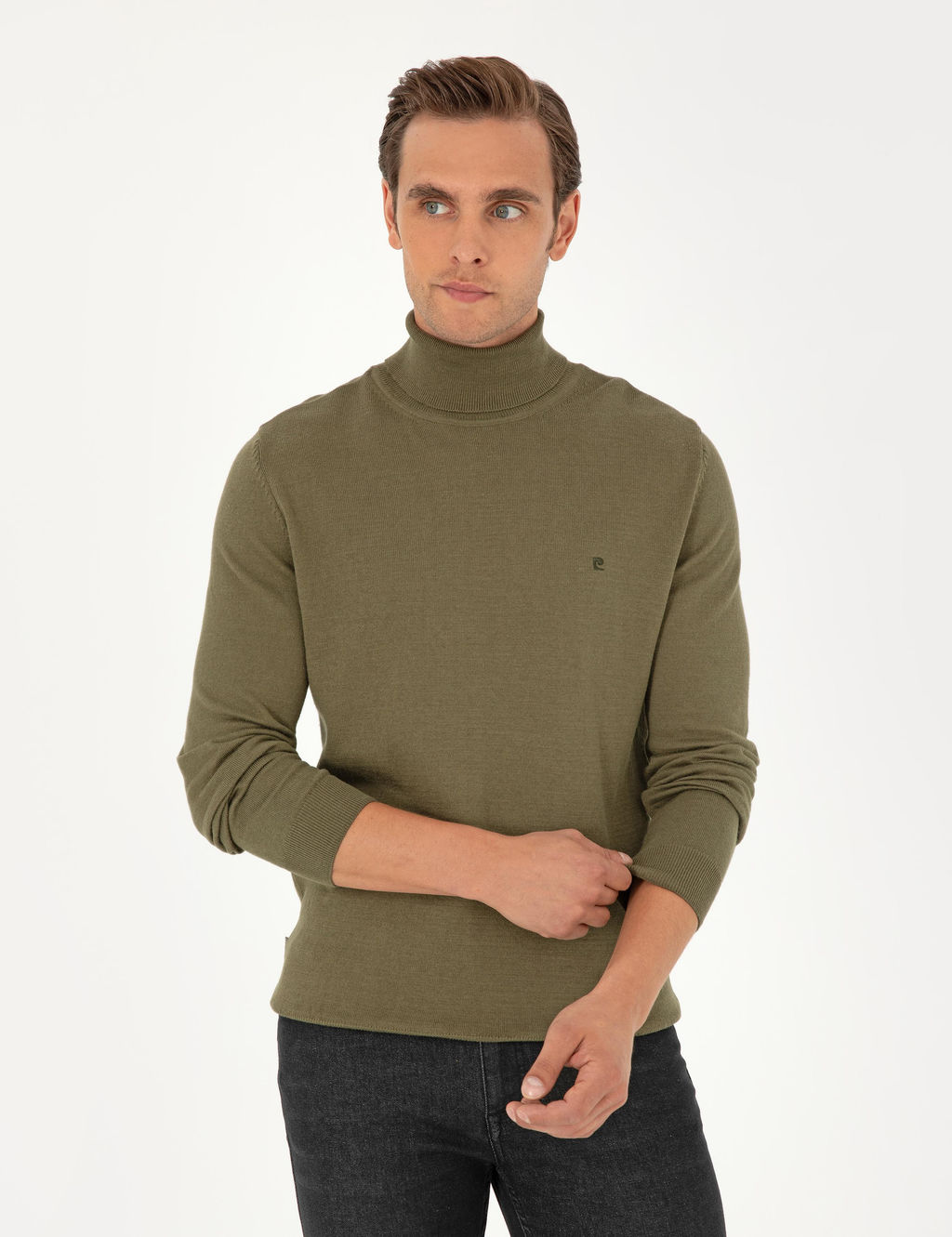 Koyu Haki Slim Fit Bal_k__ Yaka Basic Triko Kazak
