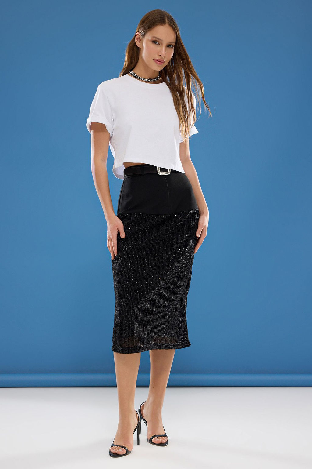 TRENDYOLMILLA Siyah Payet Detayl? Midi Dokuma S?k Etek TPRSS25ET00006 фото 2