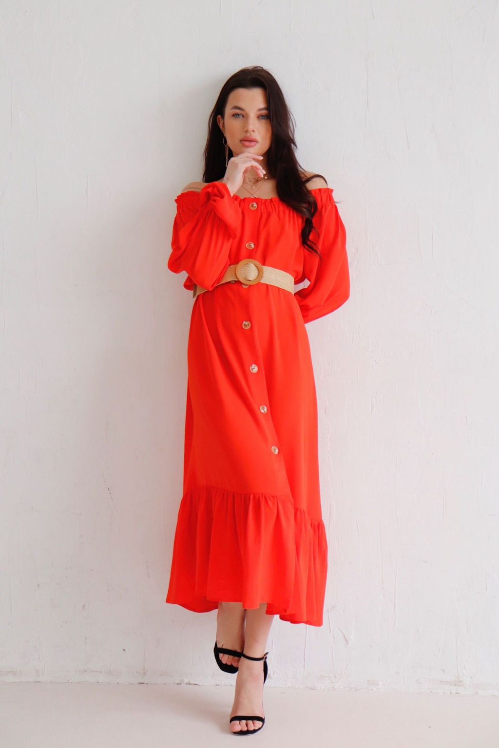 Длинное платье с открытыми плечами красное - Martichelli фото 21