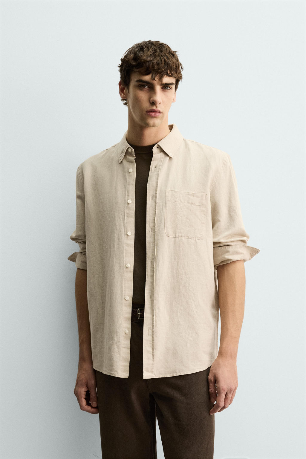CAMISA REGULAR FIT LINO - ALGOD?N / Beige claro - Zara фото 2