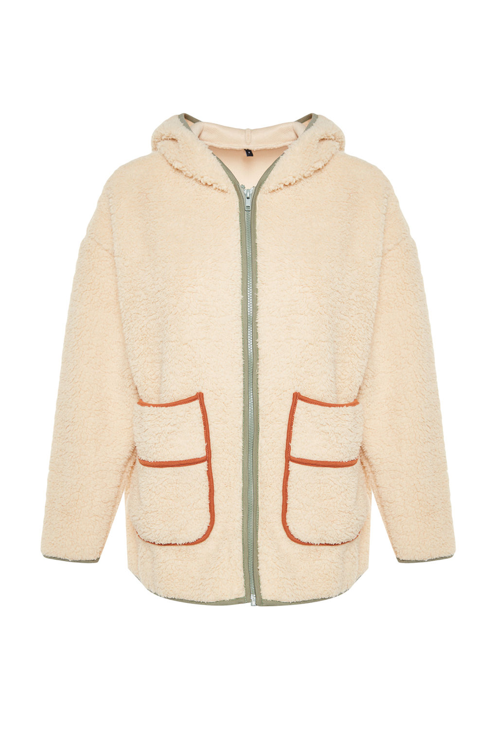 TRENDYOLMILLA Ekru Kal?n Polar Kontrast Biyeli Kapusonlu Relaxed/Rahat Kal?p Orme Sweatshirt TWOAW24SW00021  фото 6