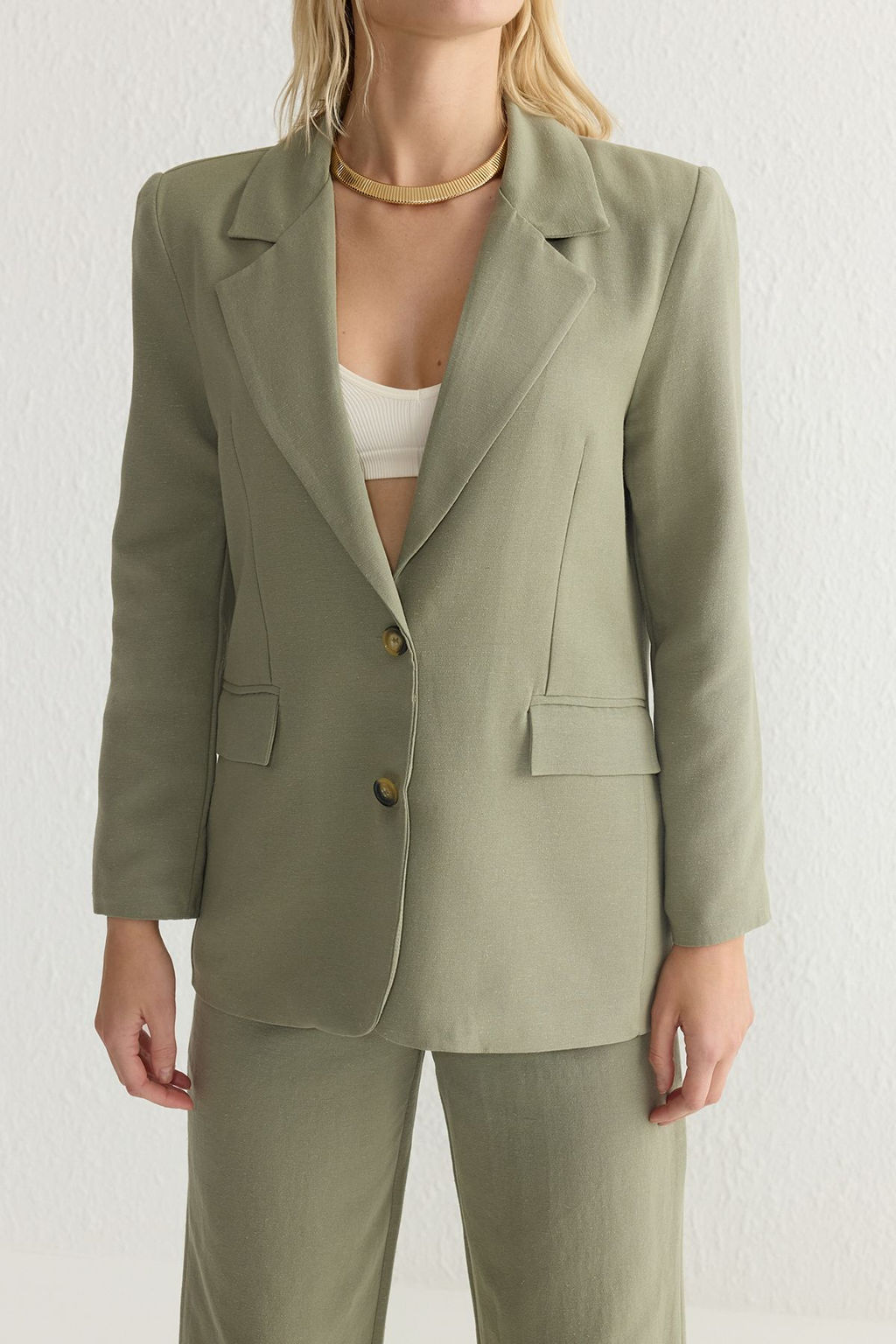TRENDYOLMILLA Haki Keten Gorunumlu Regular Kal?p Astarl? Dokuma Blazer Ceket TWOSS25BC00004  фото 4