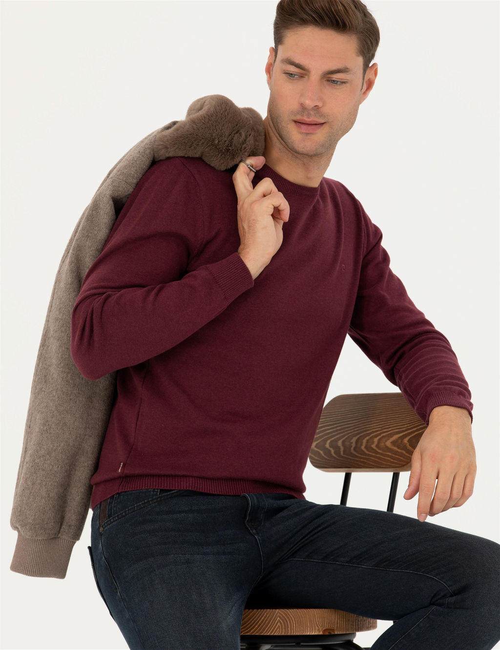 Bordo Slim Fit Bisiklet Yaka Basic Triko Kazak