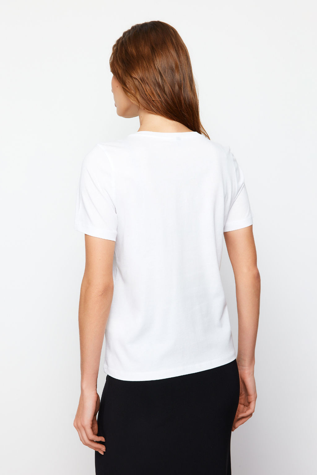 Beyaz %100 Kal?n Pamuklu Varak Y?ld?z Bask?l? Regular Kal?p Orme T-Shirt TWOSS20TS0757