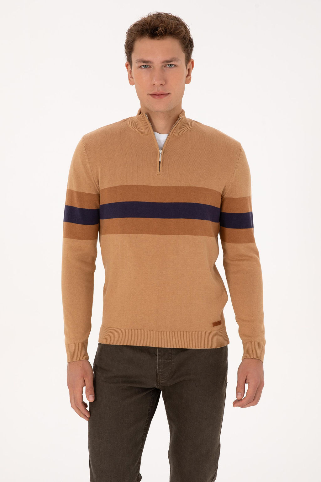 Erkek Regular Fit Yar_m Fermuarl_ Camel Kazak - U.s. polo assn фото 3