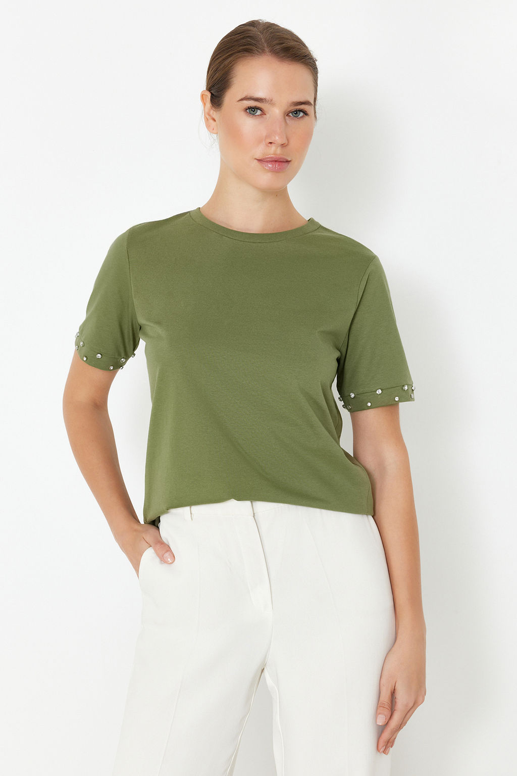 Haki %100 Pamuk Tas Aksesuar Detayl? Regular/Normal Kal?p Orme T-Shirt TWOSS24TS00070