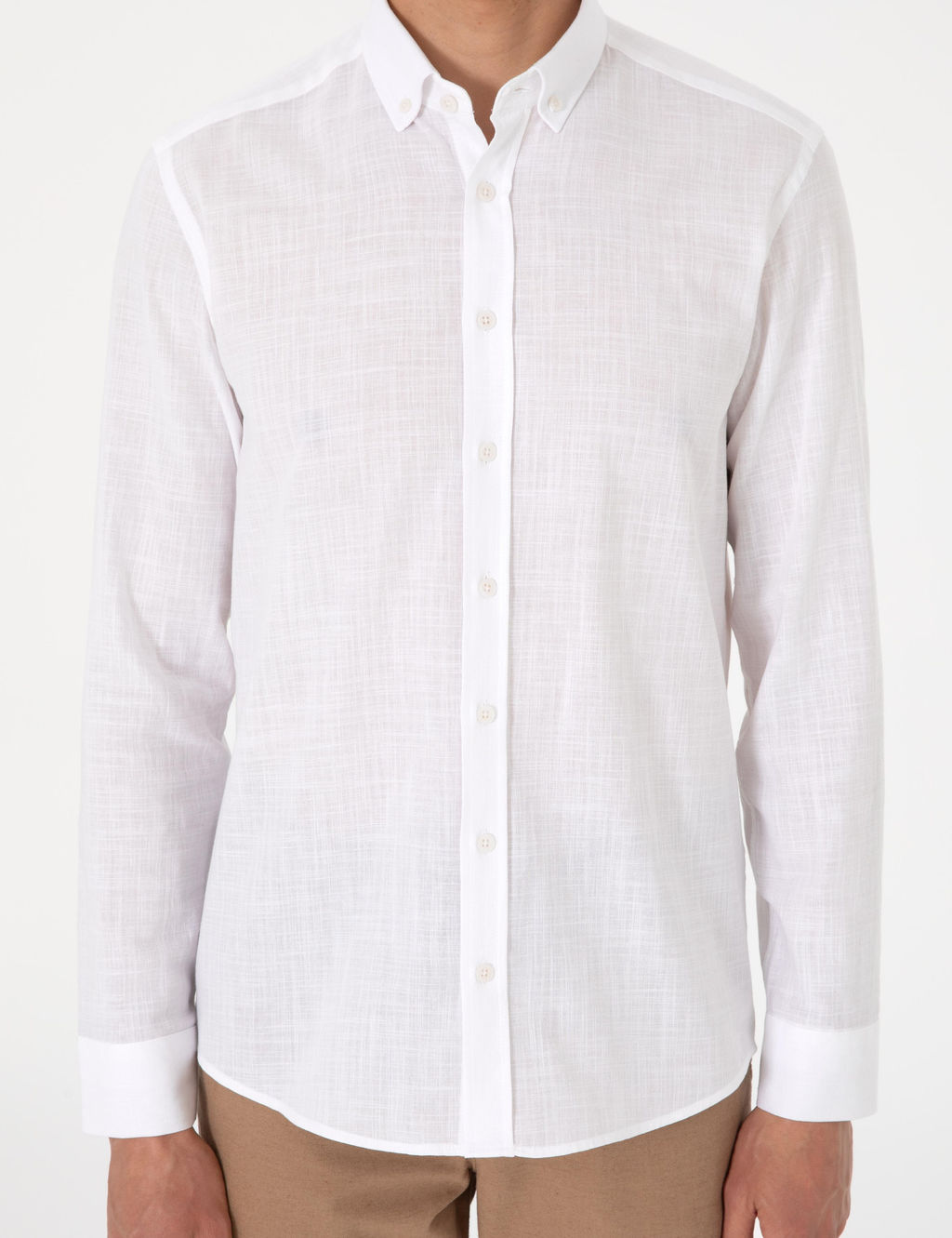 Beyaz Keten G_r_n_ml_ Slim Fit Uzun Kollu G_mlek - Pierre cardin фото 6