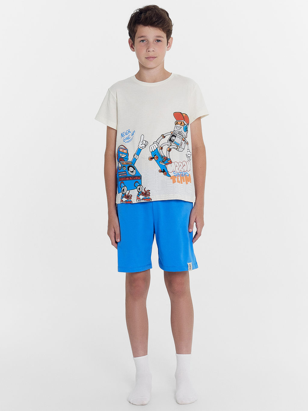 Комплект для мальчиков (футболка, шорты) молочно-голубой с печатью - Mark formelle фото 2