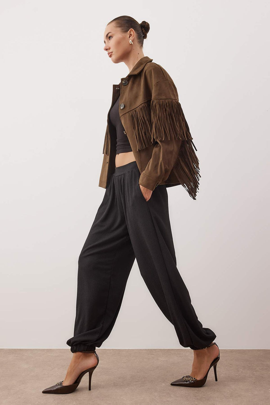 Siyah Burumcuk Pacas? Lastikli Orme Salvar Pantolon TWOAW26PL00139