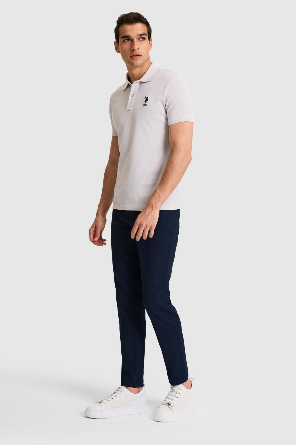 Erkek Slim Fit Polo Yaka A__k Gri Basic Ti__rt