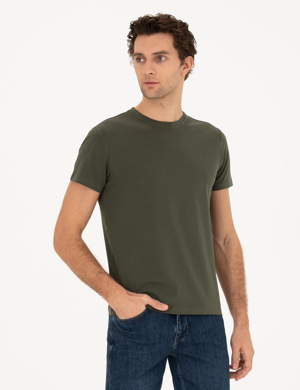 Хаки Облегающая базовая футболка с круглым вырезом - Cacharel фото 3