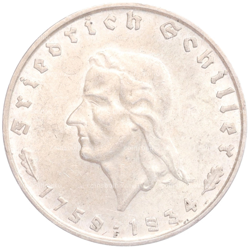 2 рейхсмарки 1934 года F Германия 175 лет со дня рождения Фридриха Шиллера