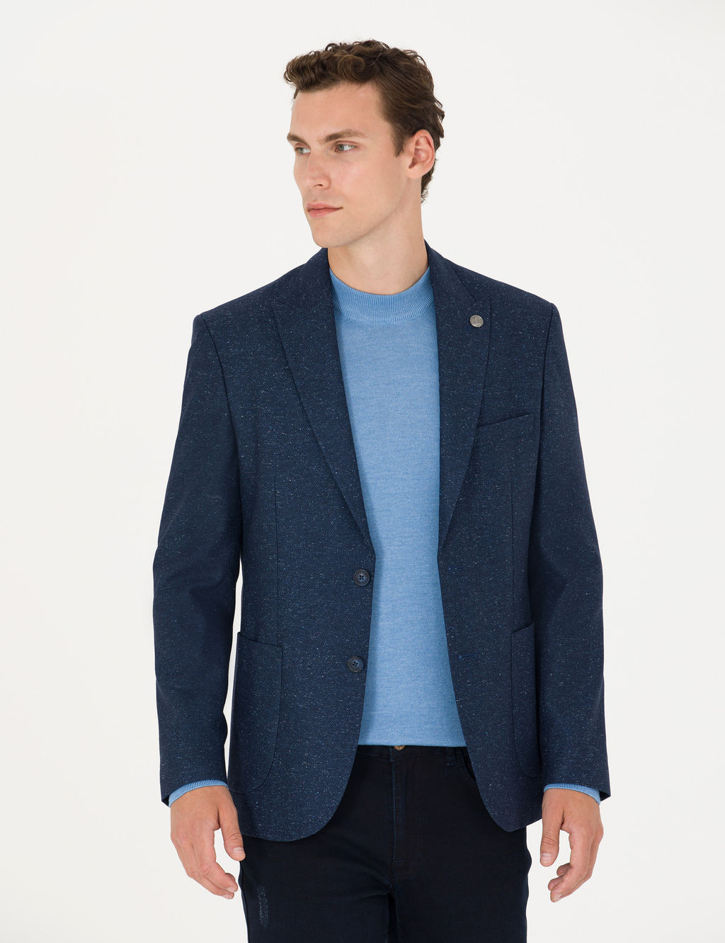 A__k Lacivert Y_n Kar___ml_ Slim Fit Ceket