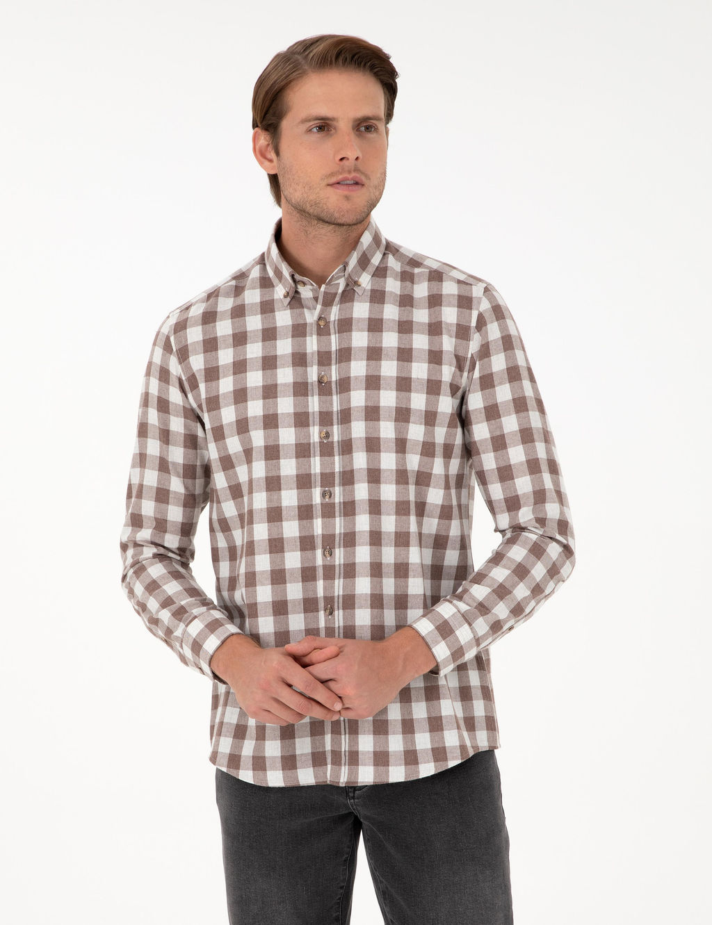 Kahverengi Kareli Regular Fit Uzun Kollu G_mlek