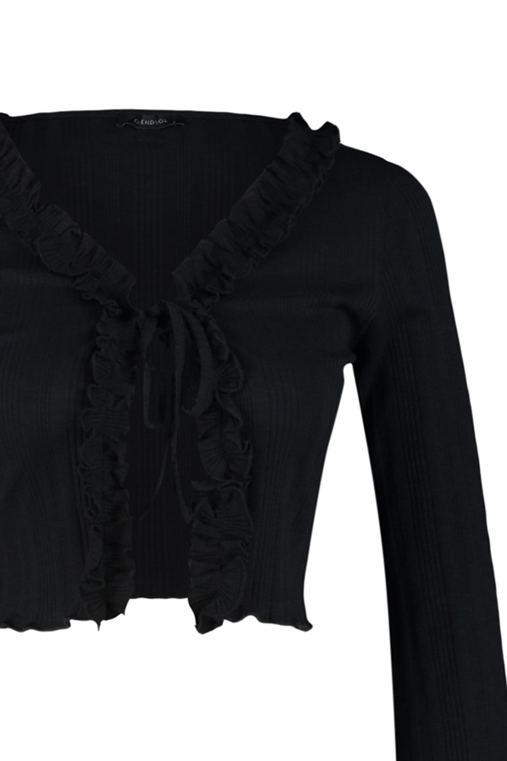 Trendyolmilla Siyah F?rf?r Detayl? Onden Baglamal? Fitilli Esnek Crop Orme Bluz TWOAW24BZ00109