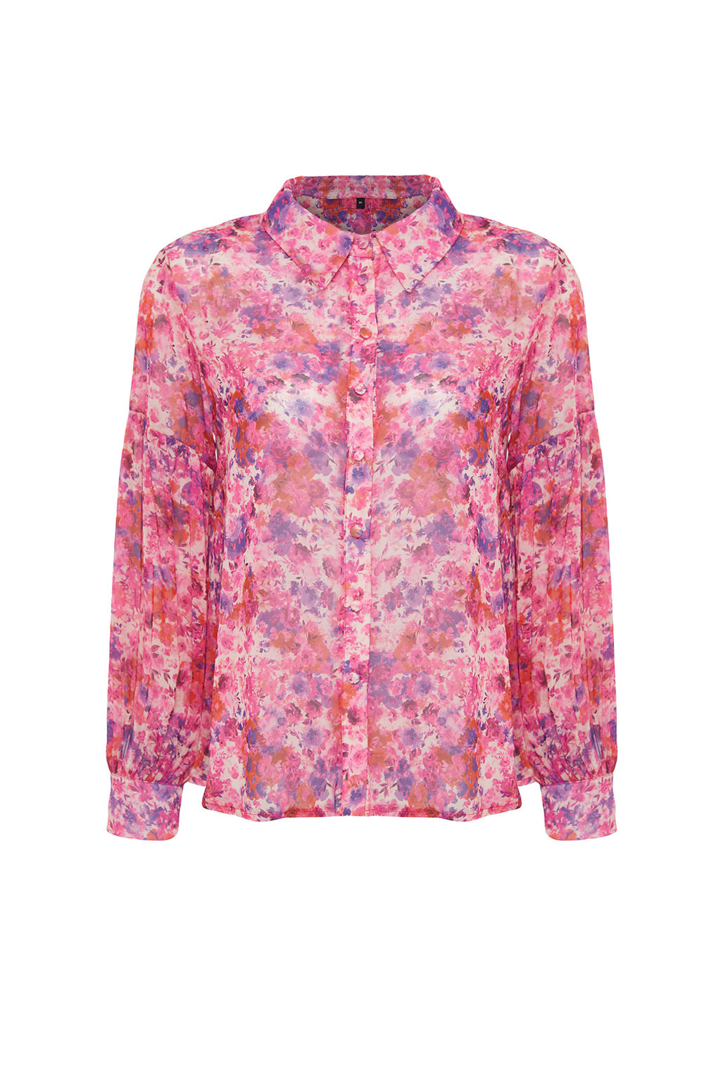 Pembe Balon Kol Cicek Desenli Sifon Kumas Oversize Genis Kal?p Dokuma Gomlek TWOSS24GO00003
