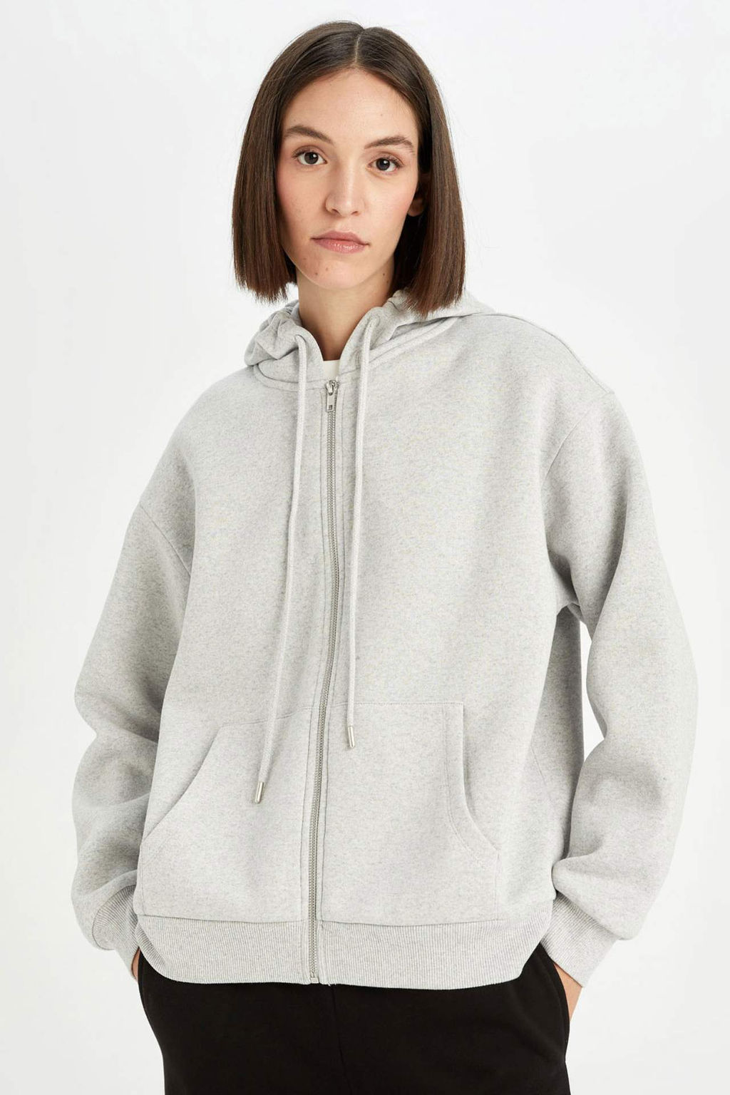 Siyah Okula Donus Relax Fit Kapusonlu Kal?n Basic Duz Cepli Fermuarl? Sweatshirt - Defacto фото 2