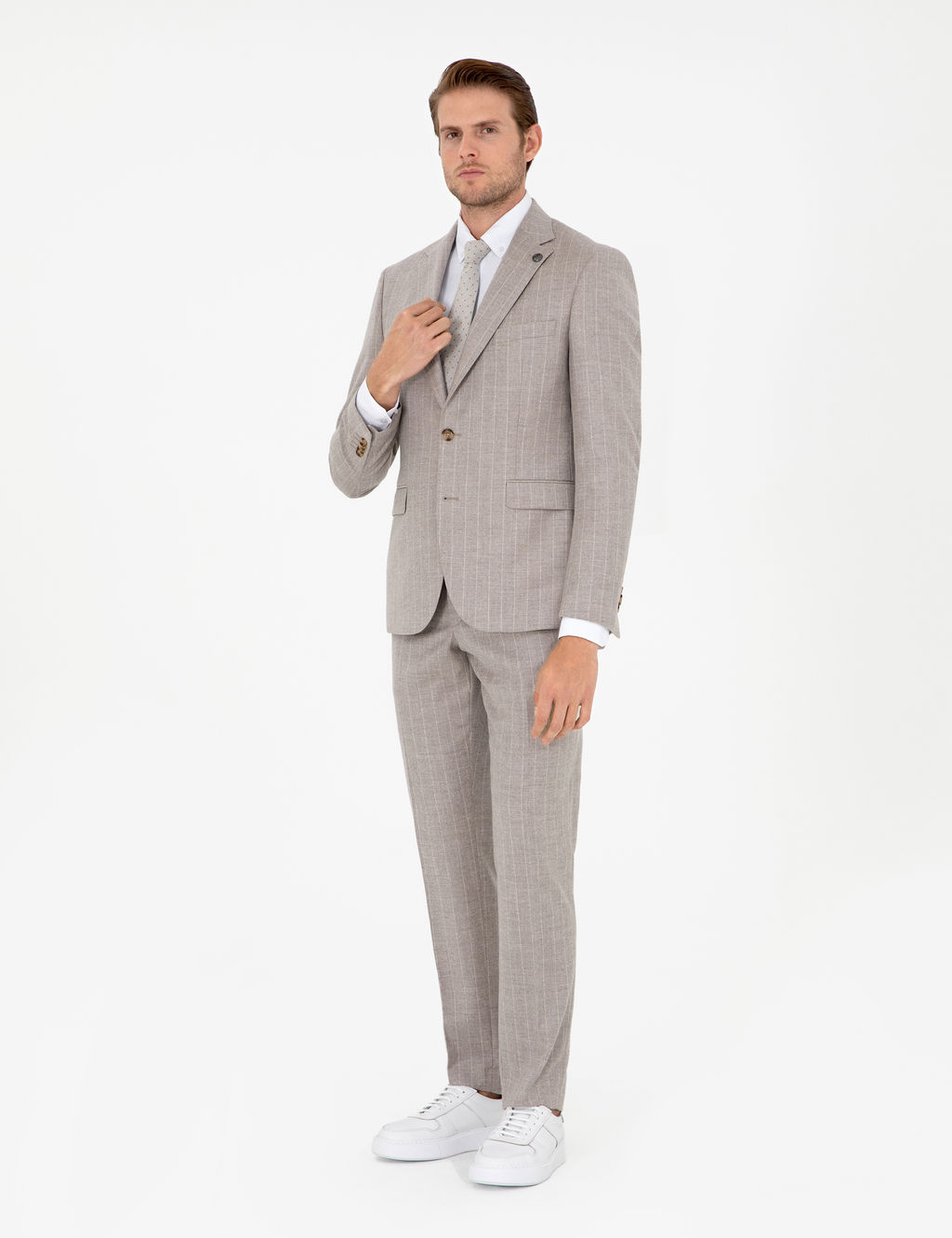 Bej Slim Fit _izgili Y_n Ka_mir Kar___ml_ Tak_m Elbise