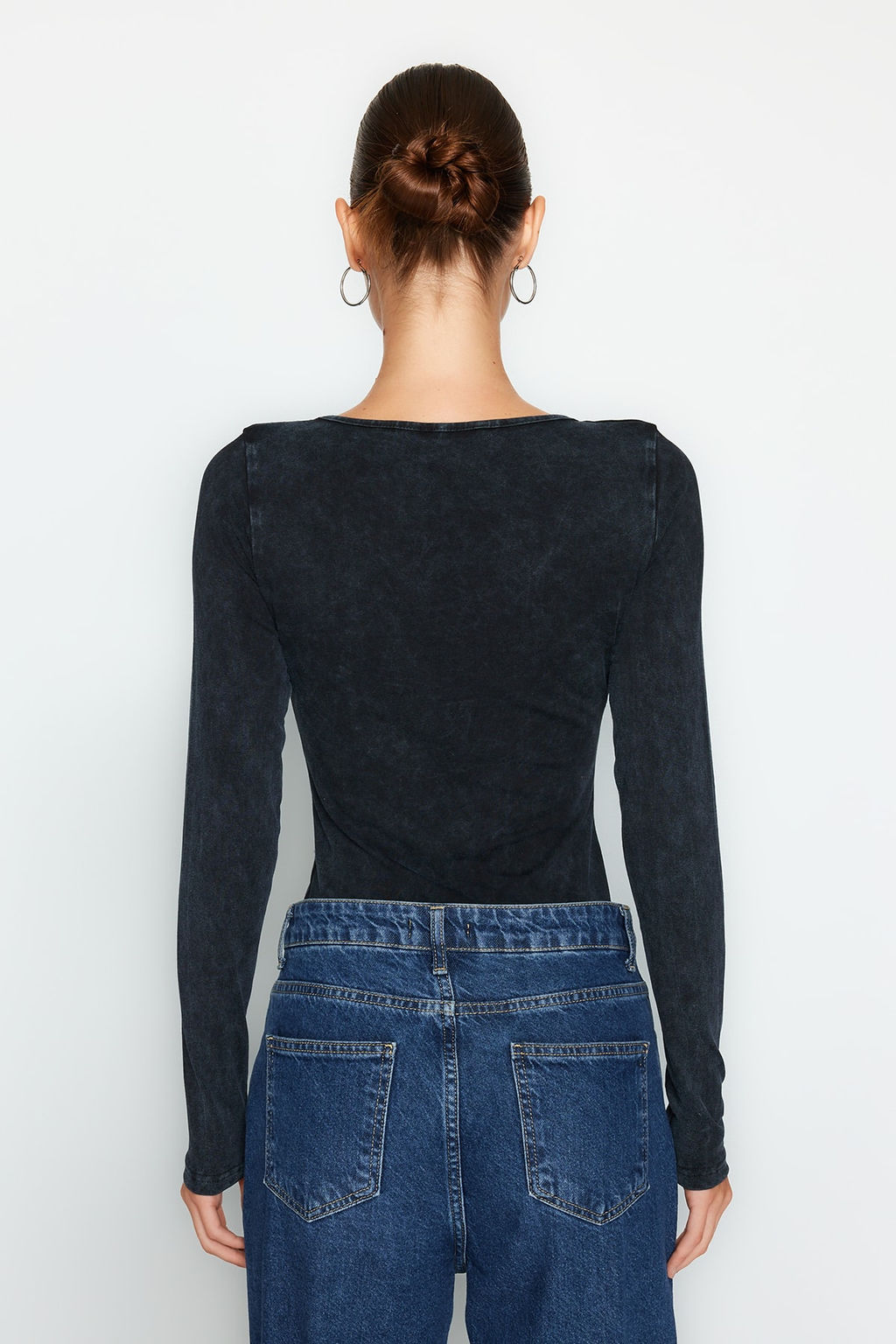 TRENDYOLMILLA Indigo Eskitme/Soluk Efektli Pamuklu Uzun Kol Esnek C?tc?tl? Orme Body TWOAW24BD00044  фото 6