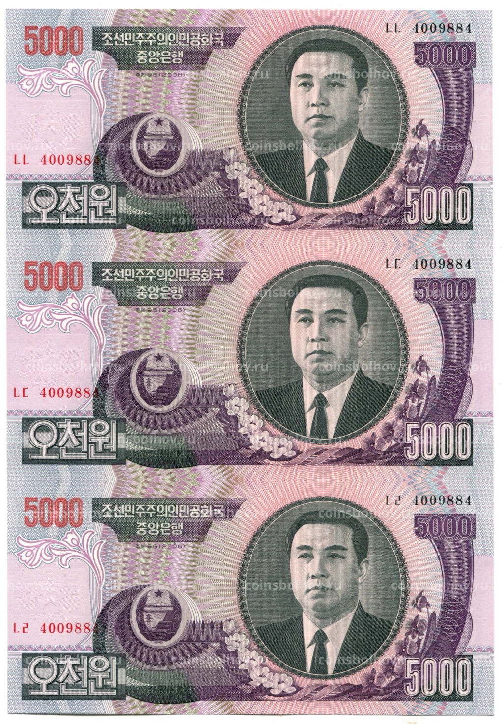5000 вон 2006 года Северная Корея  Лист из трех банкнот