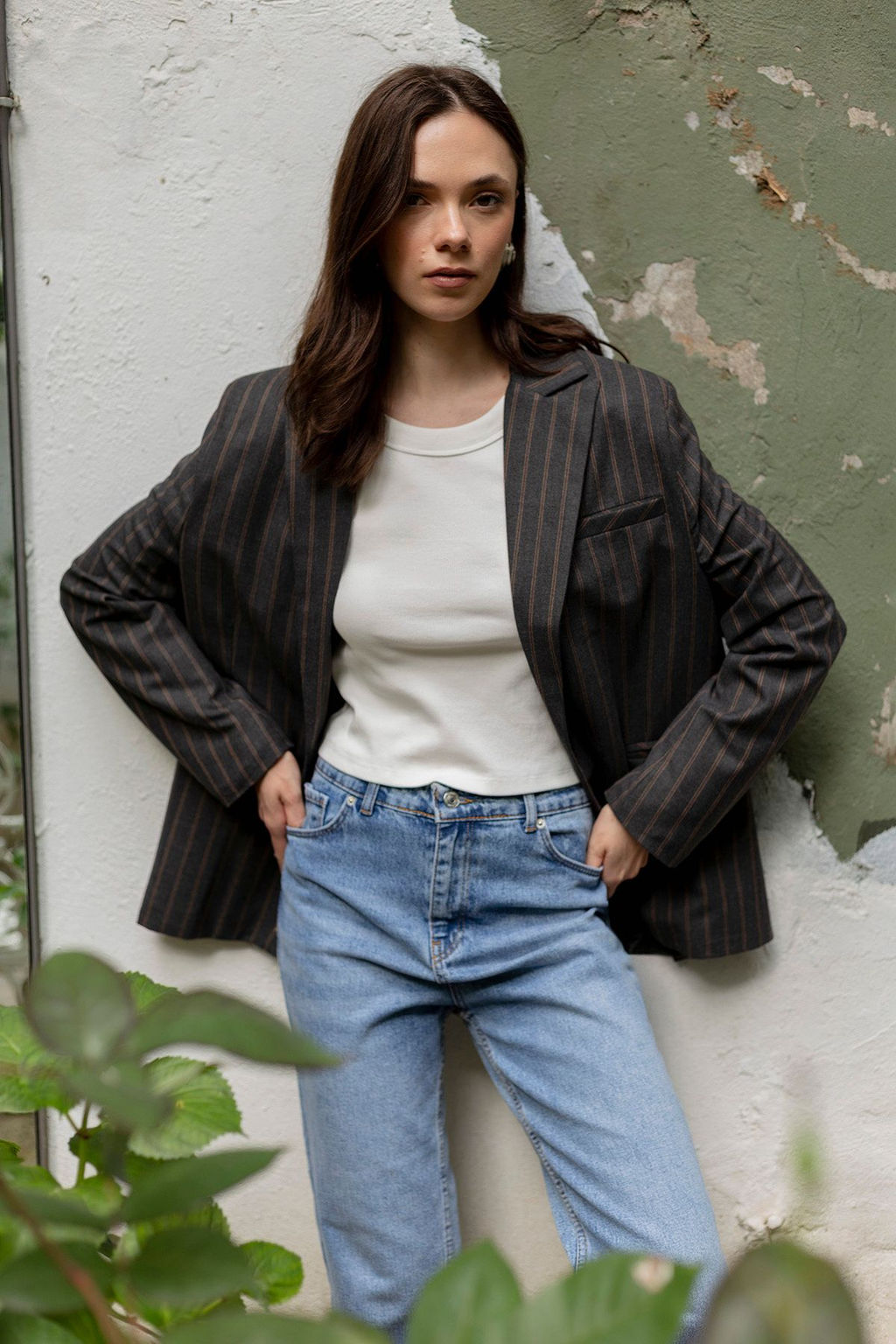 Antrasit Kahverengi Cizgili Oversize Blazer Ceket TWOAW26BC00024 - Trendyolmilla фото 5