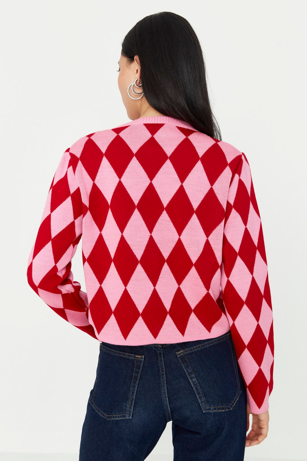 Pembe Crop Desenli/Jakarl? Ceket Gorunumlu Triko H?rka TWOAW23HI00176