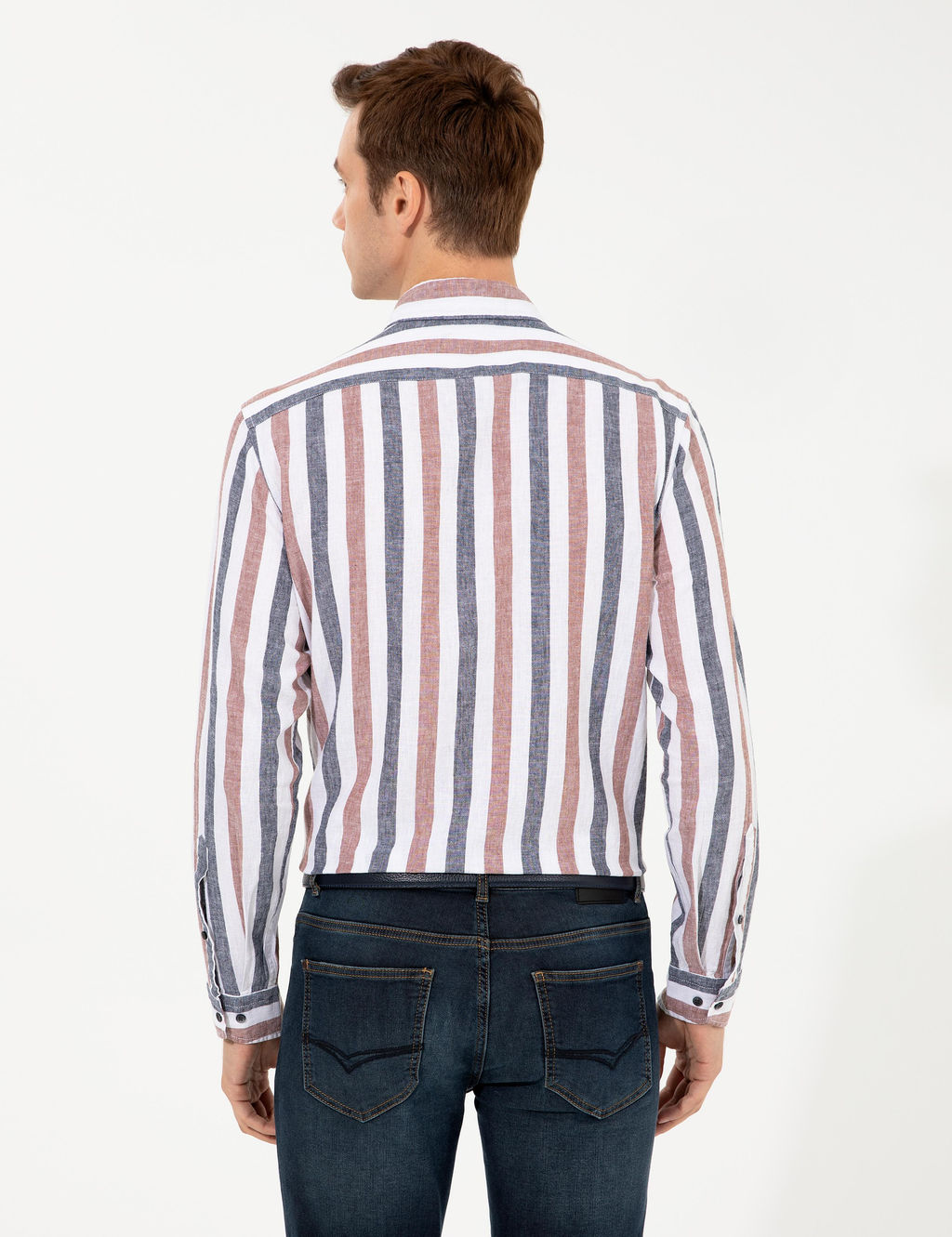 Рубашка узкого кроя с длинным рукавом из смесового льна темно-синего цвета - Cacharel фото 12