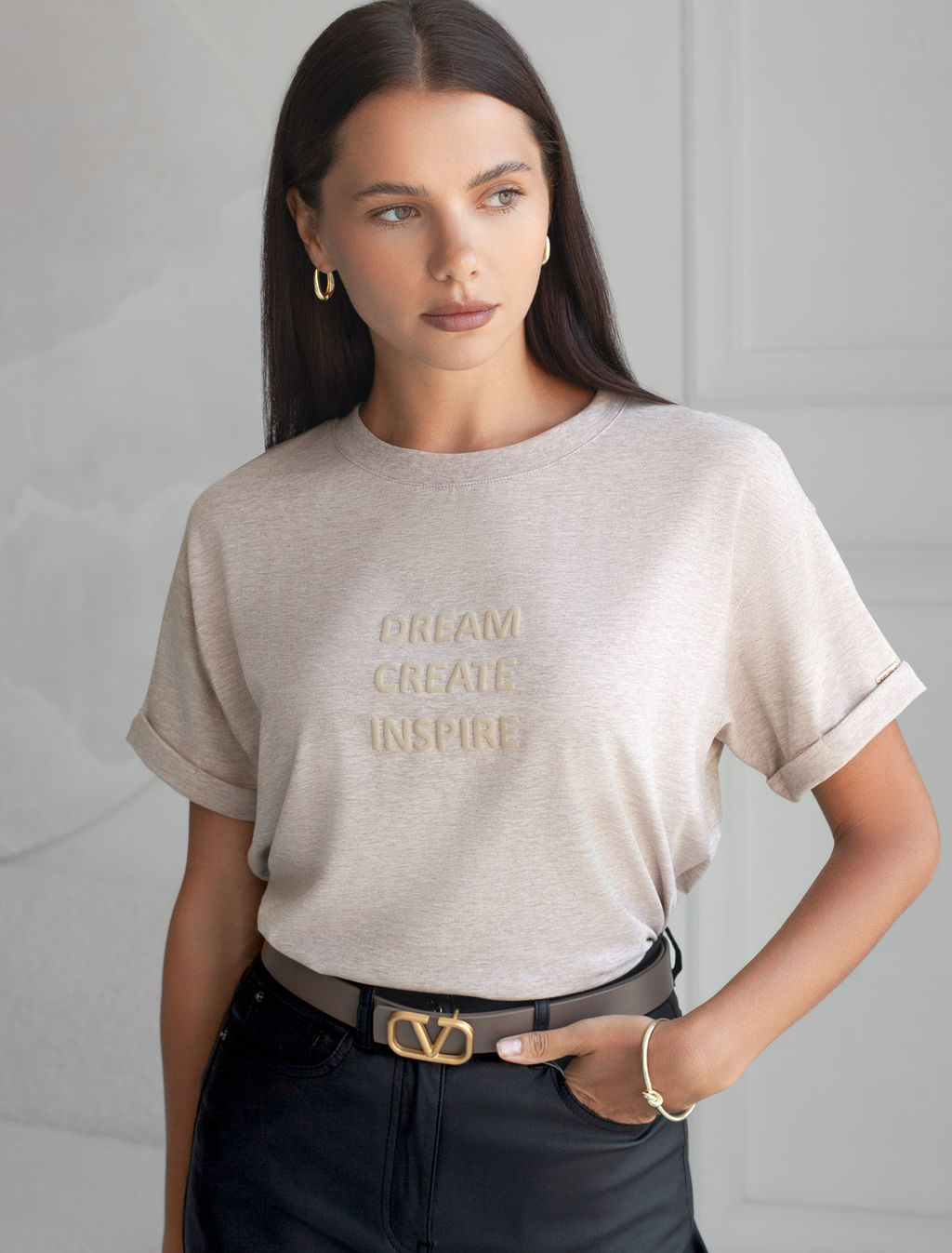 Футболка Vilatte D49.117 из хлопка с эластаном кофейный меланж