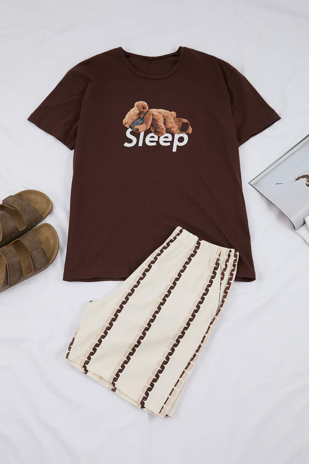 Kahverengi Regular Fit Ay?c?k Bask?l? Pamuklu Pijama Tak?m? TMNSS26PT00017