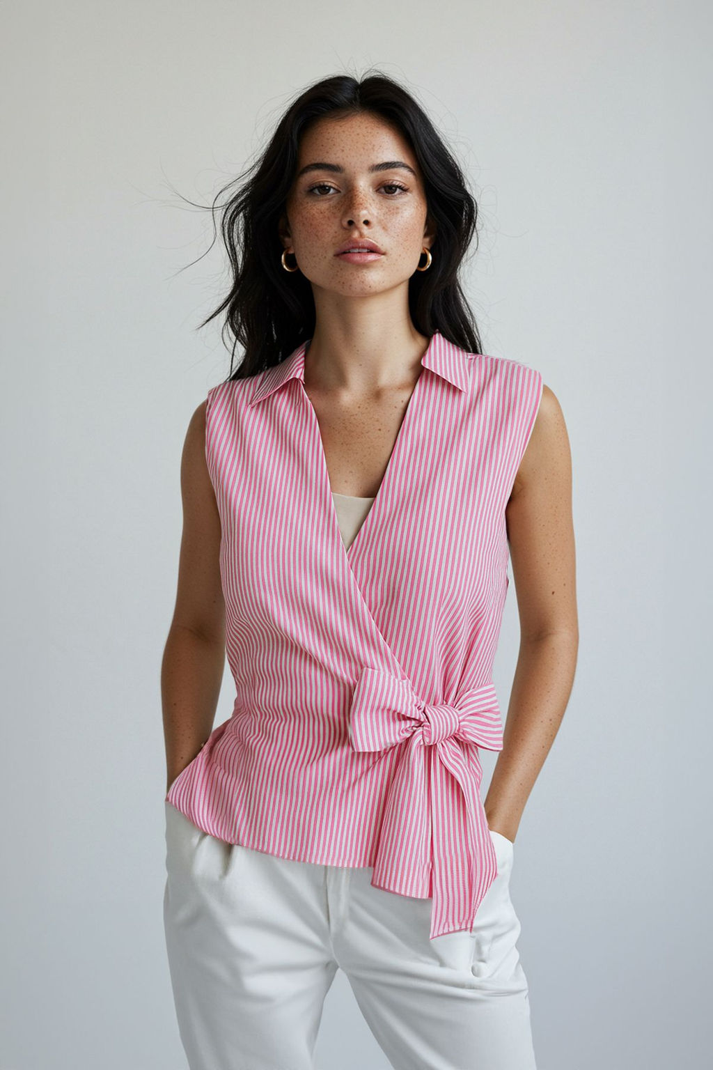 Pembe Cizgili Kruvaze Baglama Detayl? Dokuma Bluz TWOSS25BZ00581