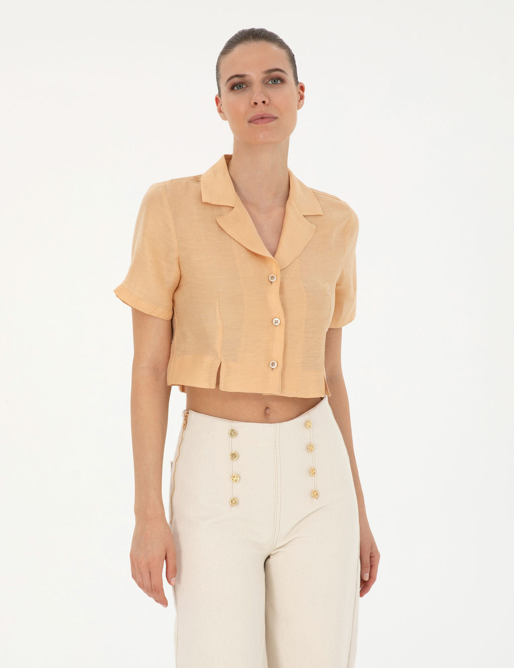 Bej Keten Kar___ml_ Slim Fit Crop G_mlek
