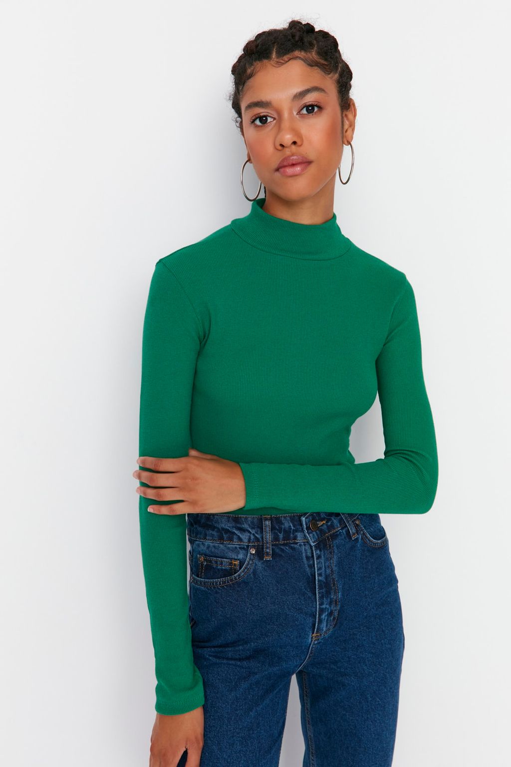 Zumrut Fitted/Vucuda Oturan Dik Yaka Uzun Kol Fitilli Esnek Orme Bluz TWOAW21BZ0423