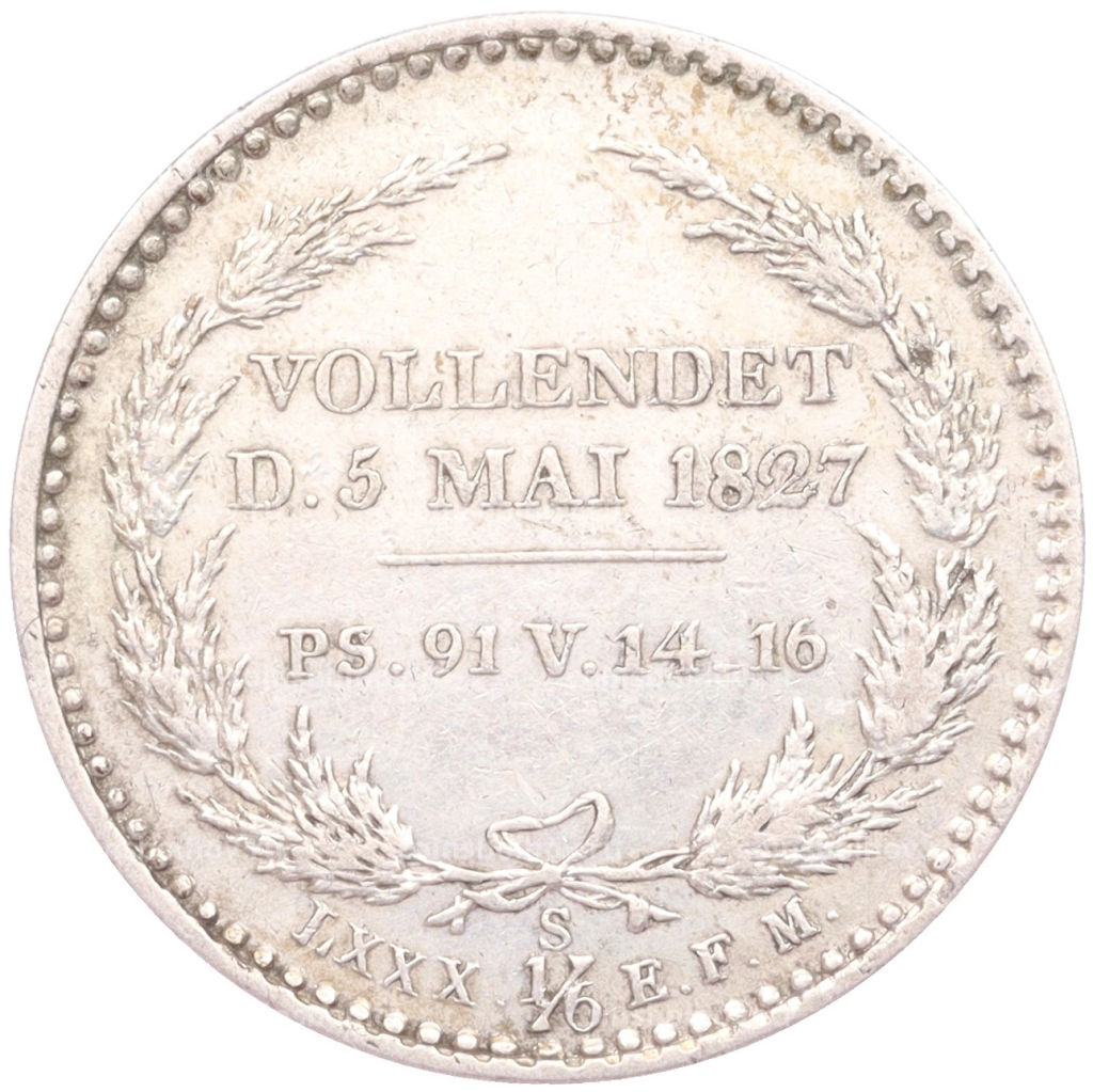 Монета 1/6 талера 1827 года Саксония Смерть Короля Фридриха Августа I