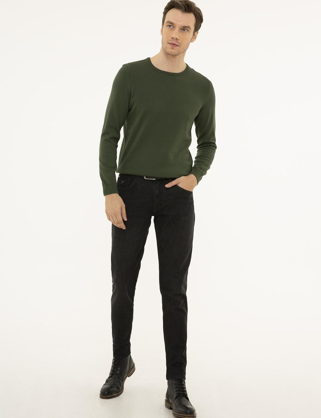 Базовый трикотажный свитер приталенного кроя цвета хаки с круглым вырезом - Cacharel фото 5