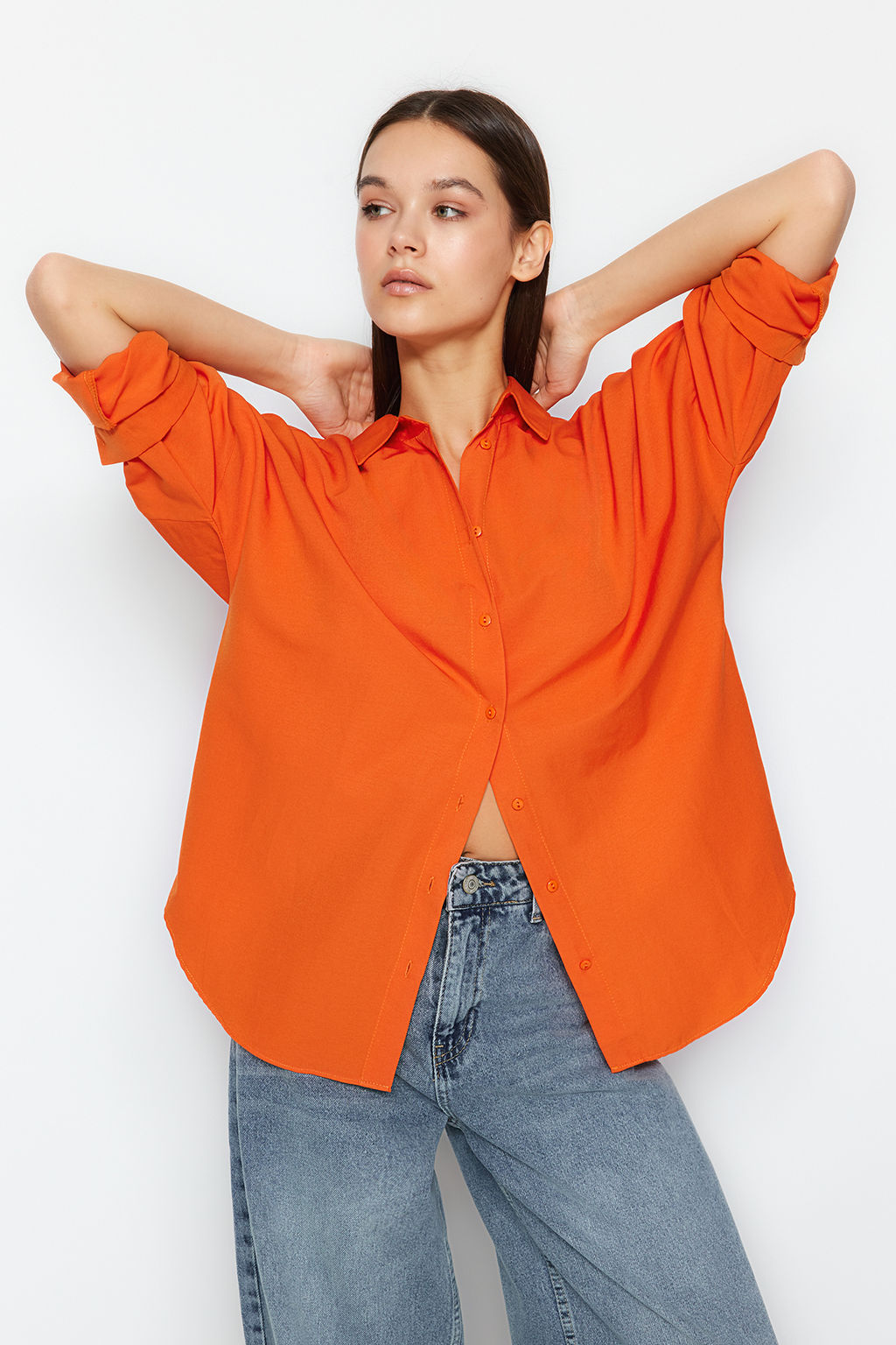 Turuncu Pamuklu Oversize Genis Kal?p Dokuma Gomlek TWOSS22GO0669