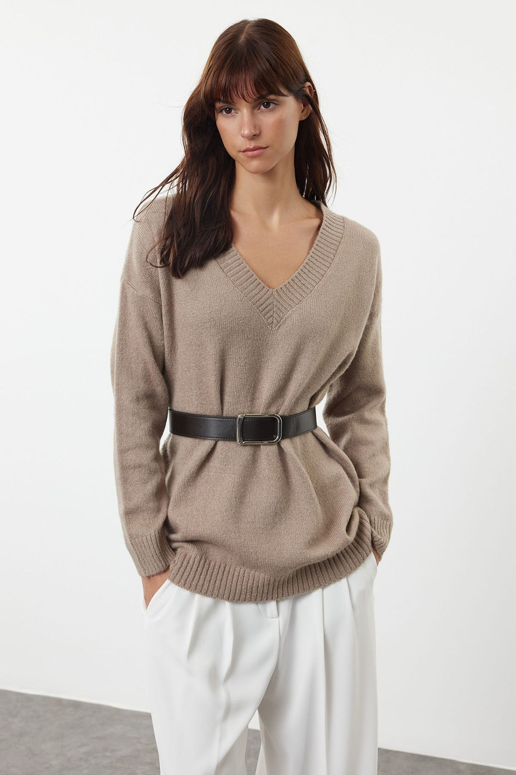 Vizon Genis Kal?p Kemerli Yumusak Dokulu Triko Kazak TWOAW25KZ00054