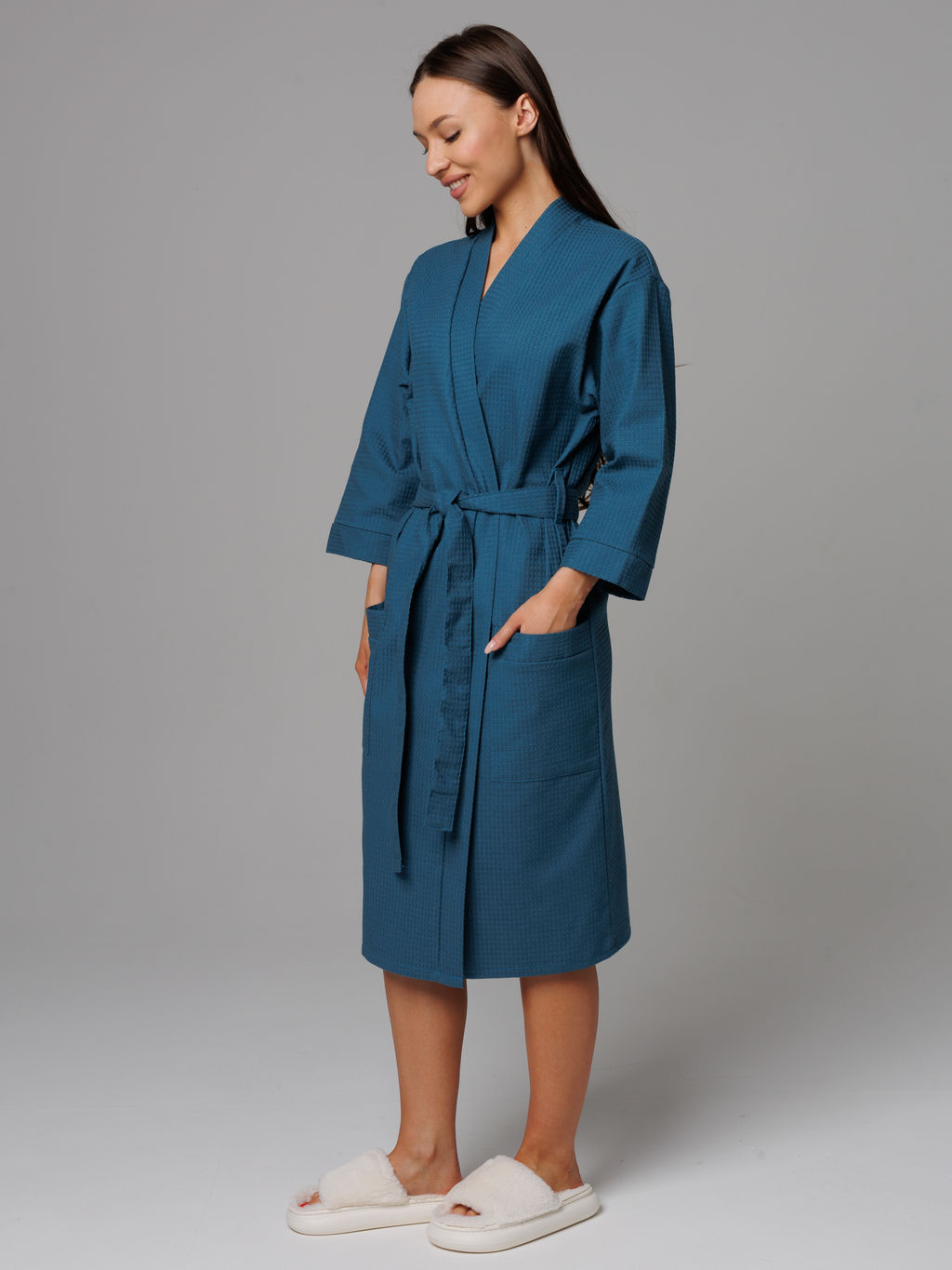 Женский укороченный вафельный халат с планкой темно-бирюзовый В-11 (23)