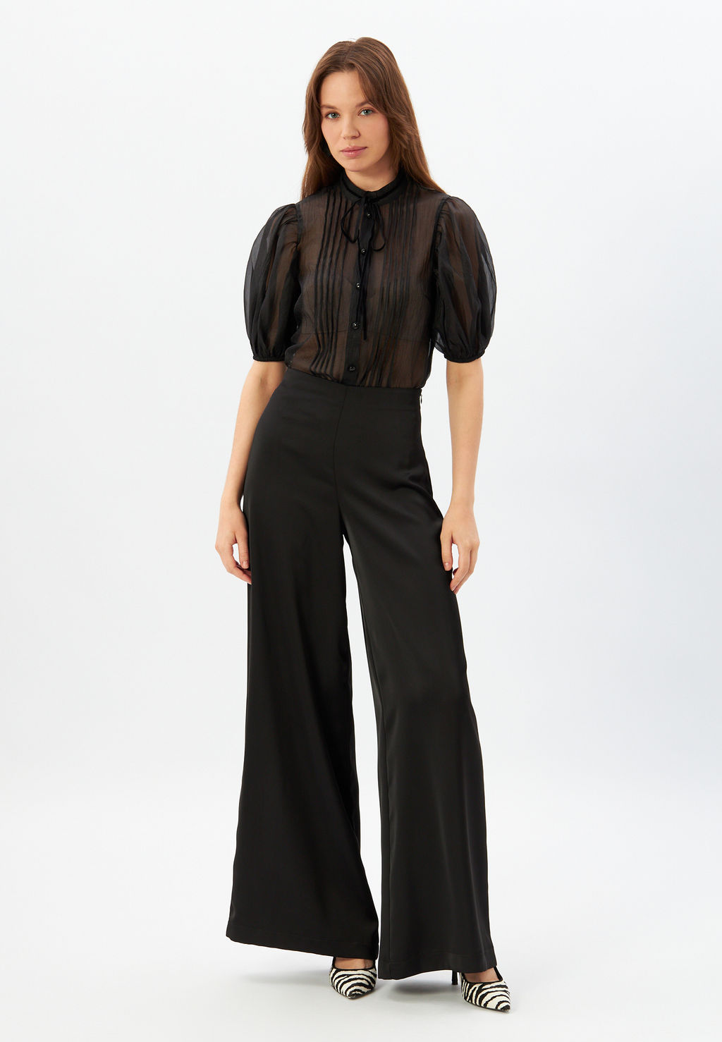 Блузка из органзы с бархатной завязкой и защипами OD-951-3 черный - Tantino фото 3