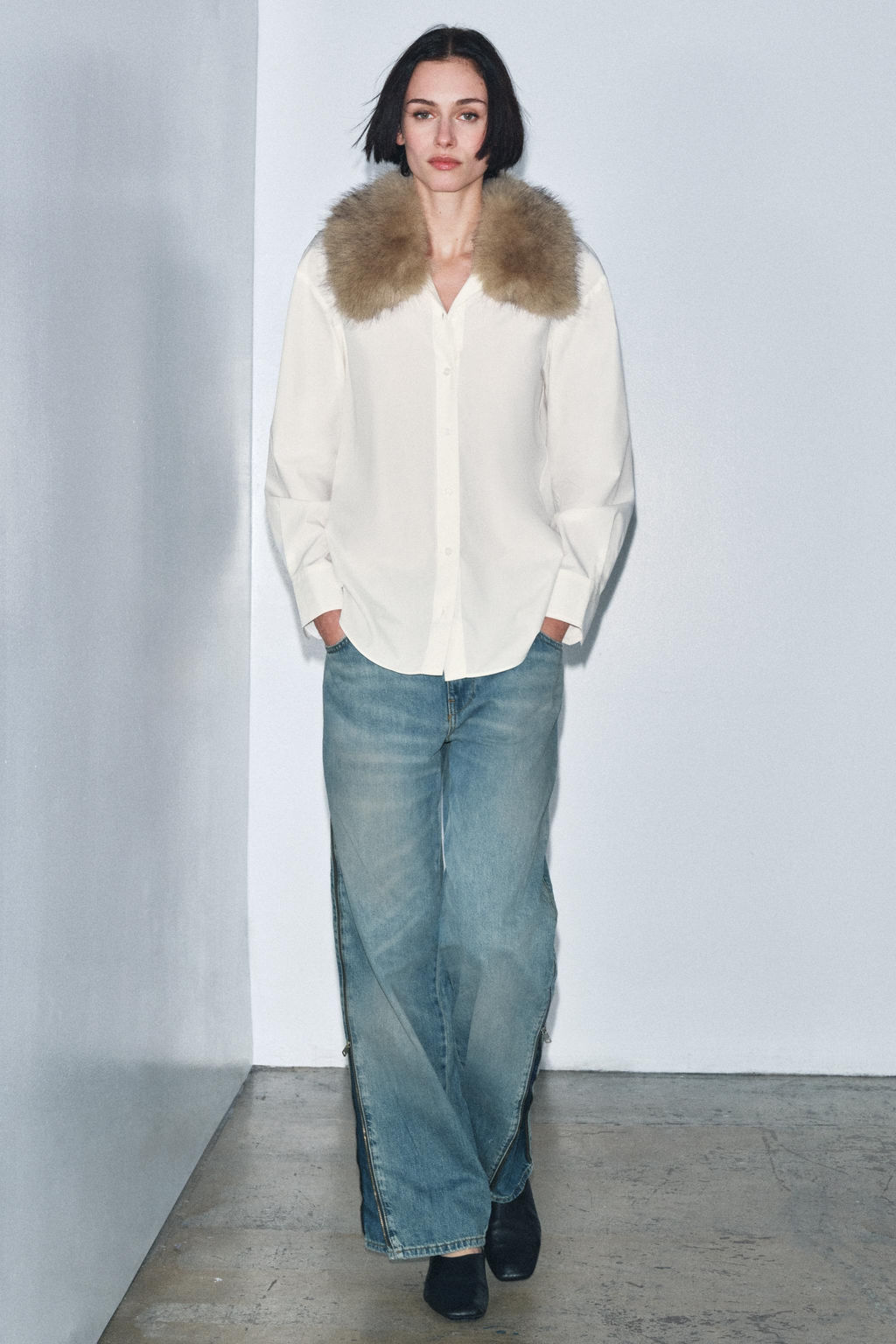 POPLIN SHIRT WITH FAUX FUR COLLAR ZW COLLECTION